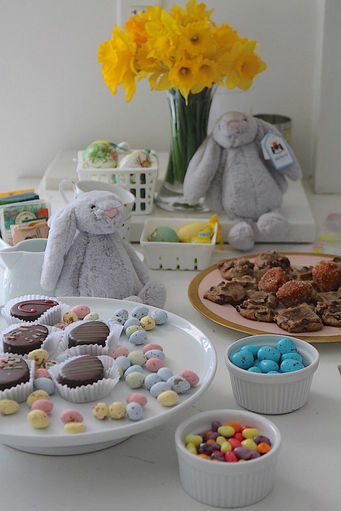 Easter dessert table with bunnies